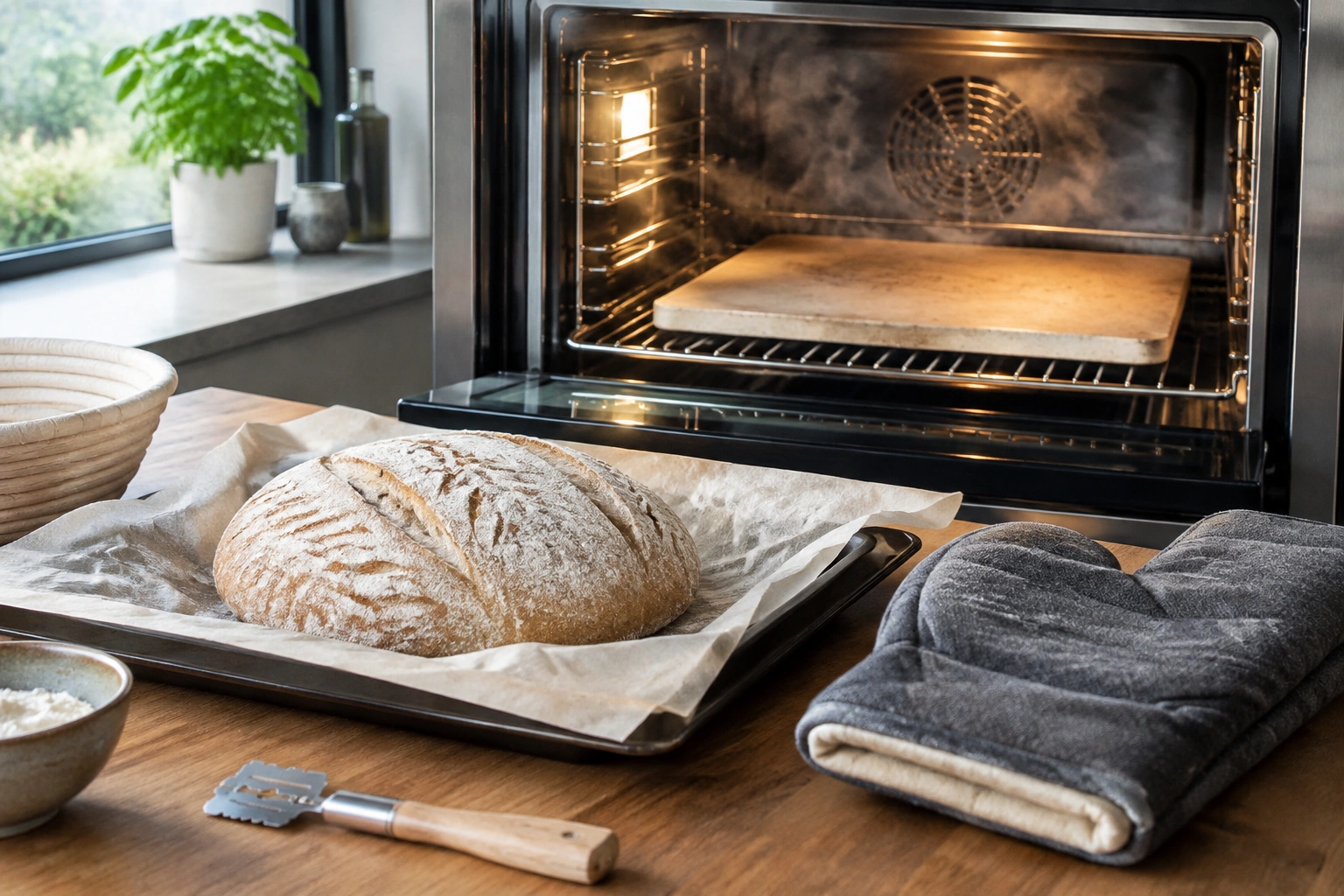 Bread baking tools arranged beside a preheated baking stone for steam oven use
