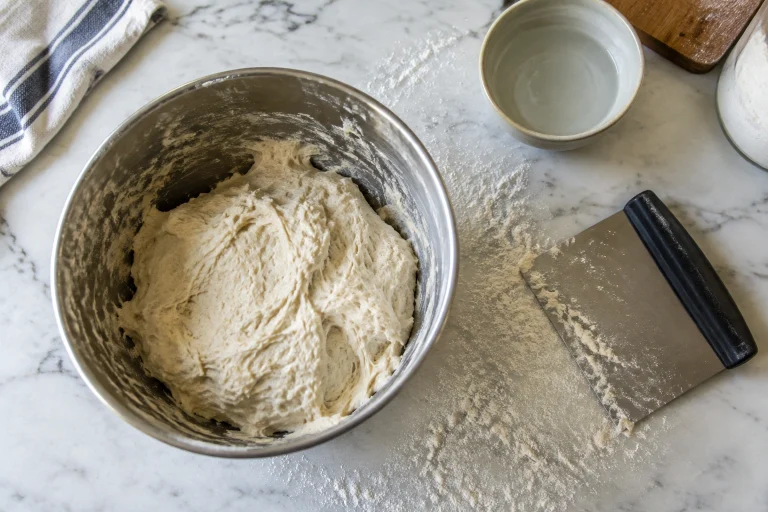 Bench scraper beside a bowl of sticky bread dough on a counter