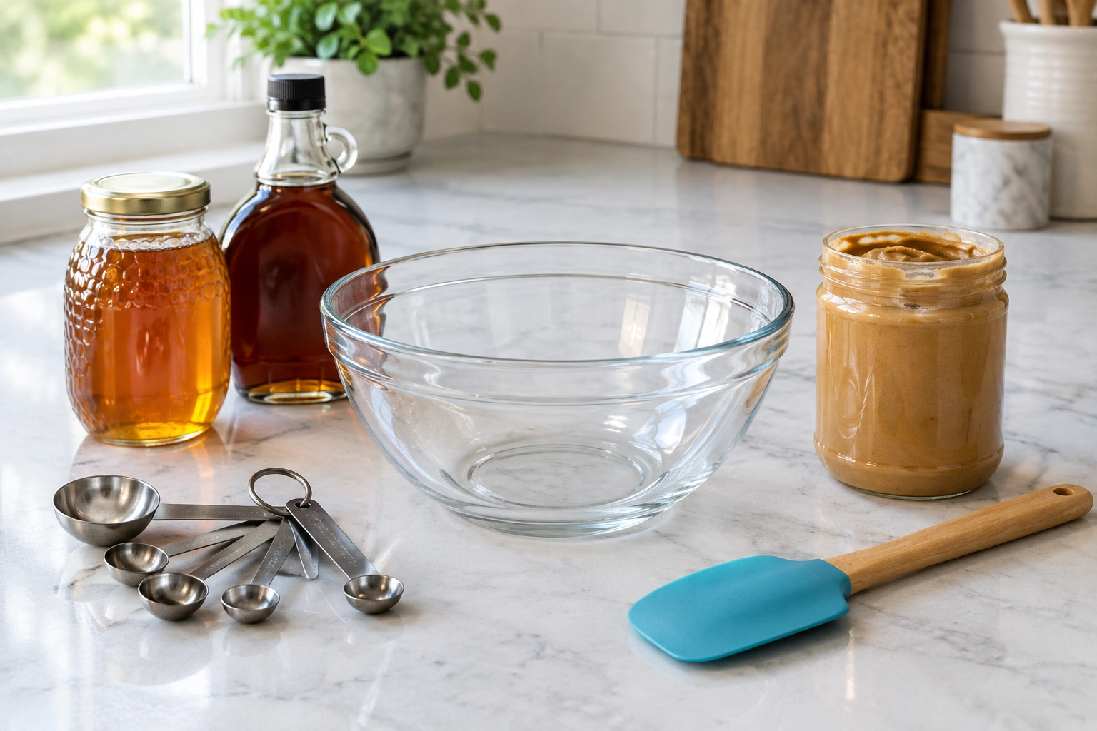Measuring spoons, a bowl, and sticky baking ingredients arranged neatly on a counter