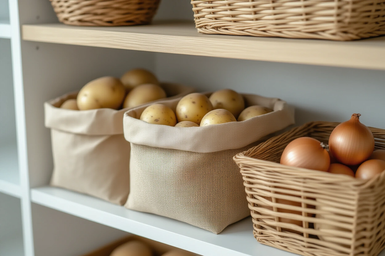Potatoes and onions stored separately in breathable containers