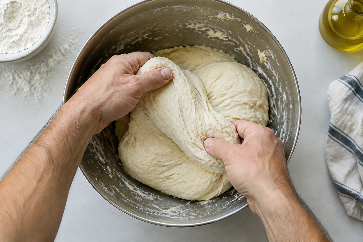 Overhead view of bread dough in a bowl being folded by two hands