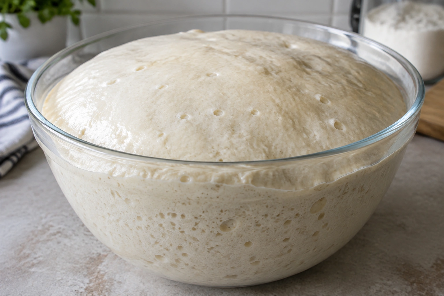 Close-up of elastic bread dough showing smooth surface and visible bubbles in a bowl