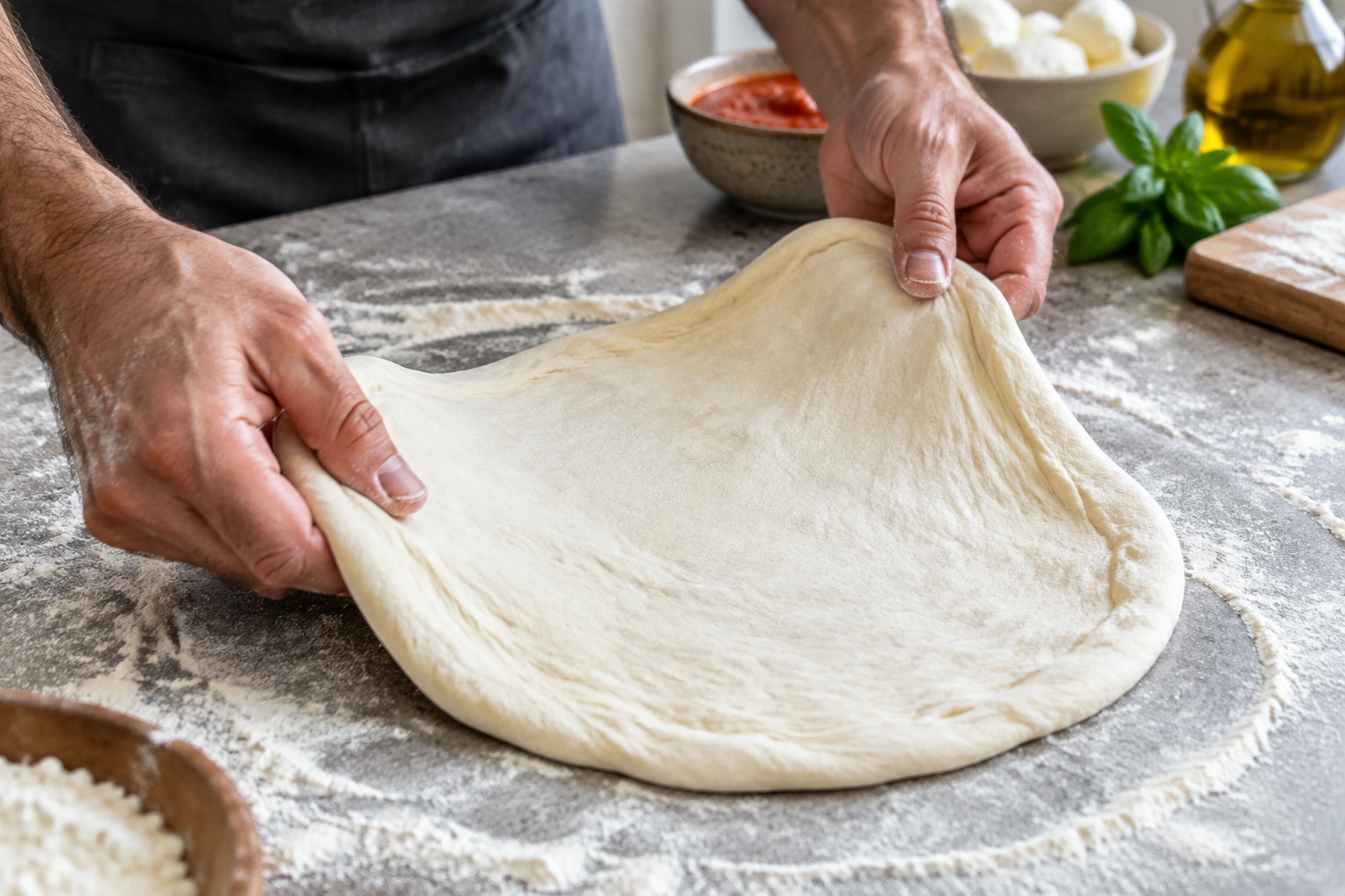 Hands stretching pizza dough into a round on a lightly floured surface