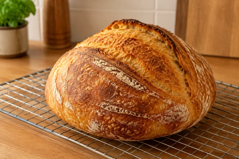 Golden-brown loaf cooling on a rack
