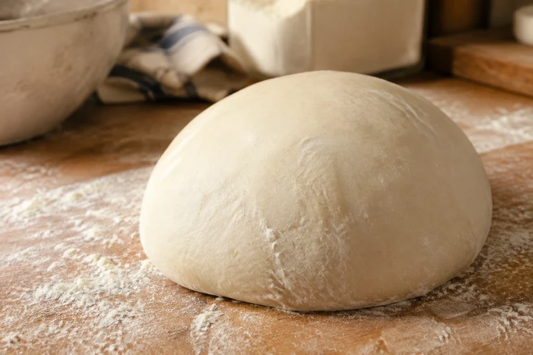 Close-up of shaped bread dough with a smooth taut surface on a floured bench