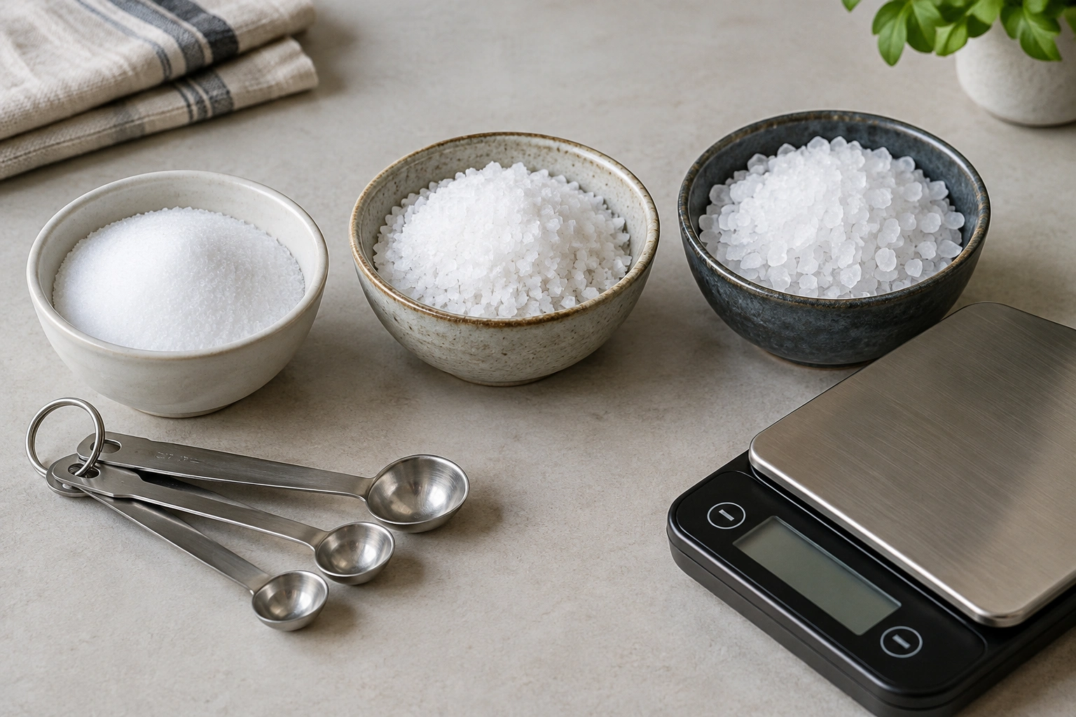 Assortment of table salt, kosher salt, and sea salt with measuring spoons and scale