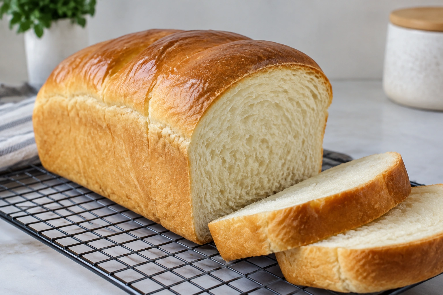 A golden loaf of tangzhong milk bread on a cooling rack