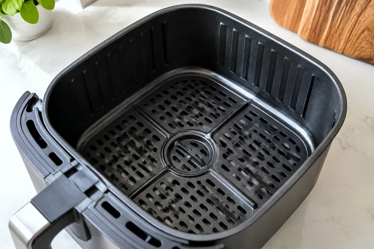 Close-up of a Teflon-coated air fryer basket