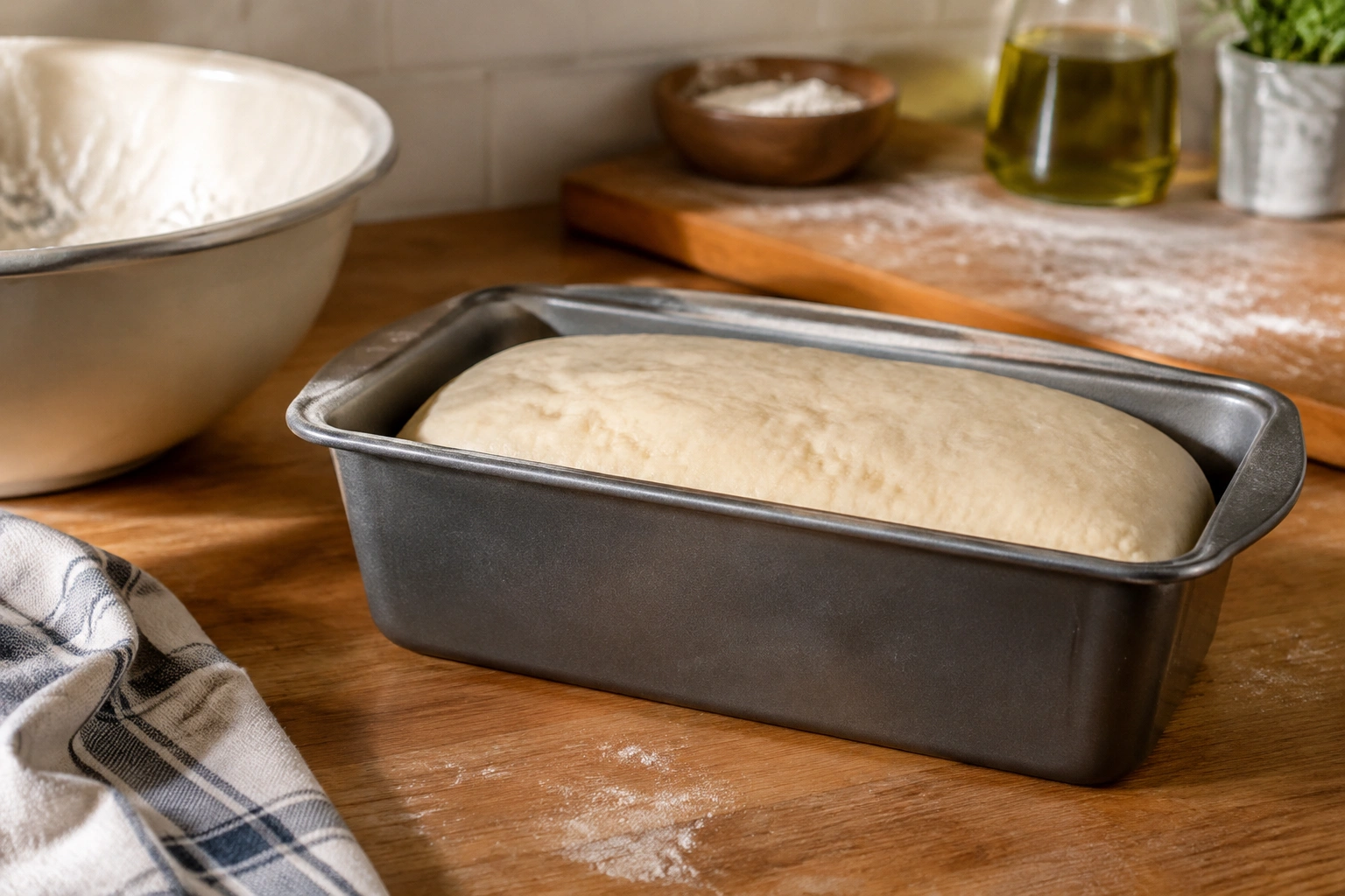Proofed bread dough in a loaf pan ready for baking