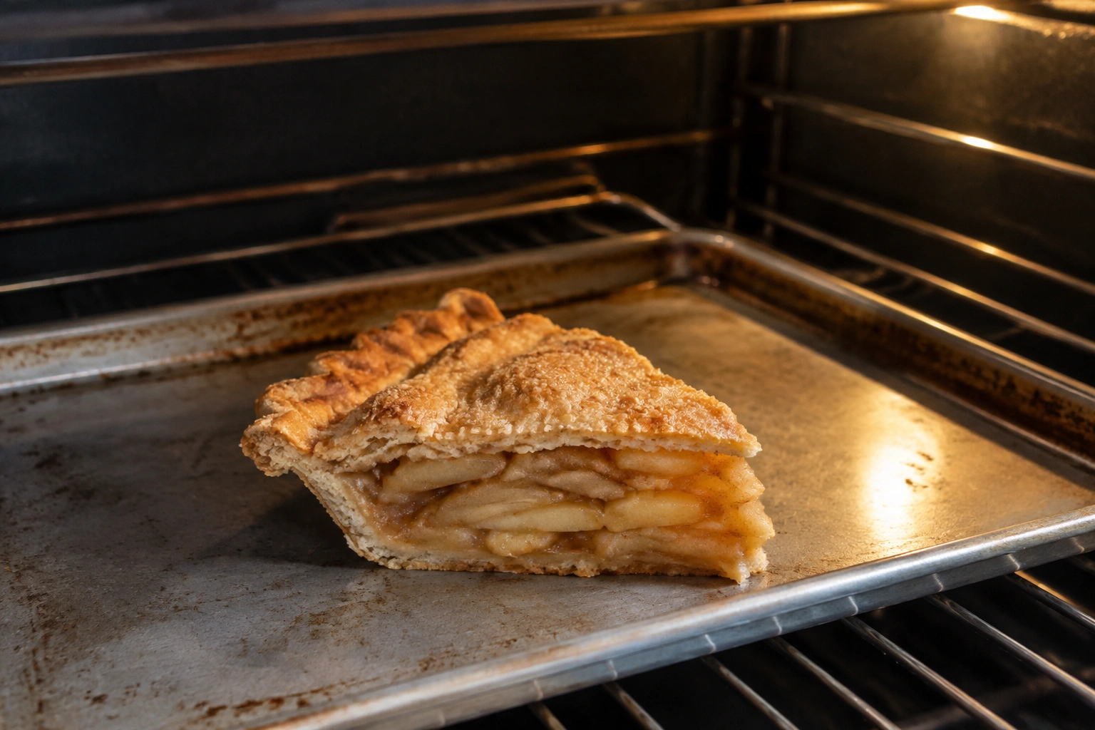 Thawed pie slice on baking sheet ready for oven reheating
