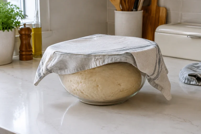 A covered bowl of bread dough thawing on a kitchen counter
