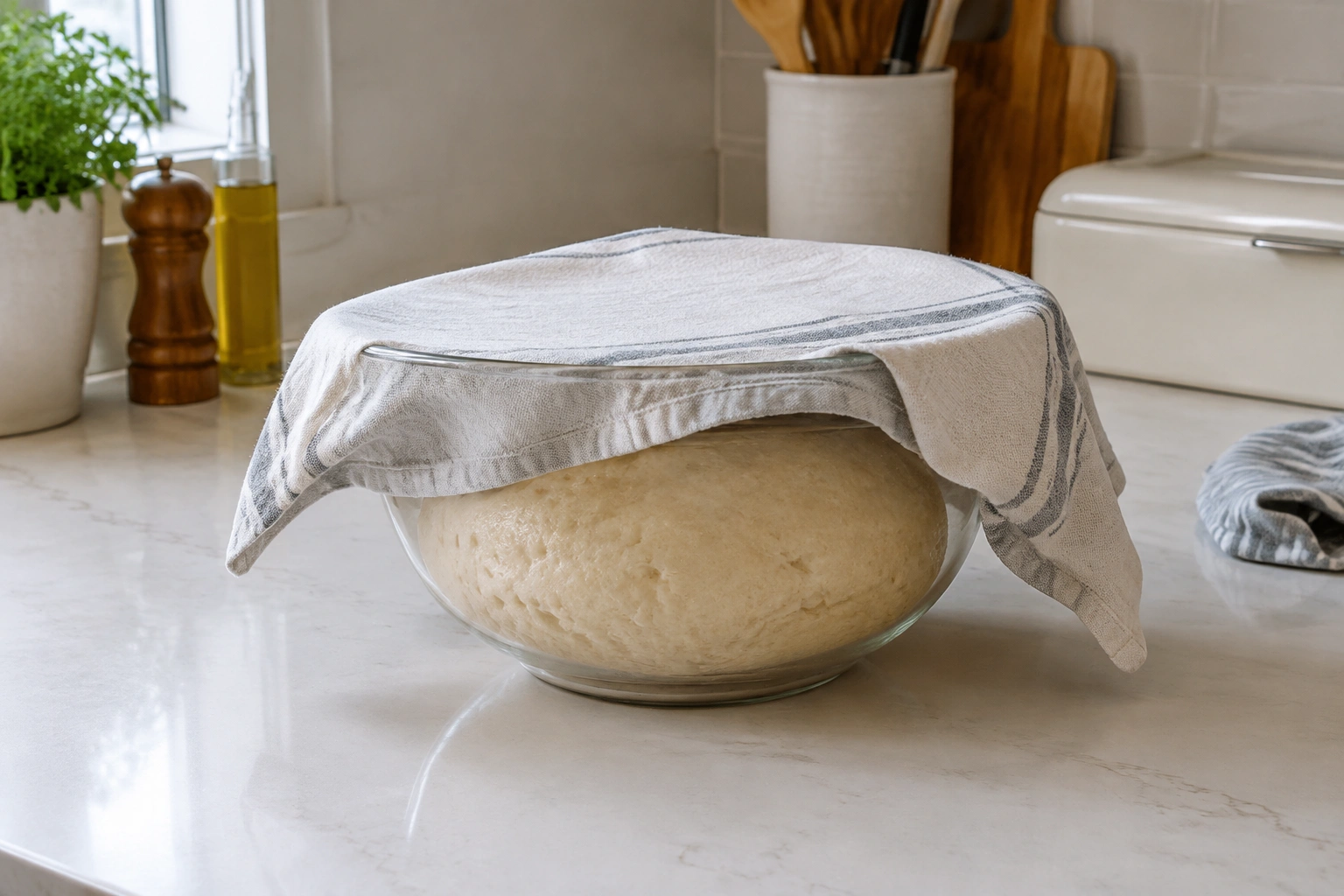 A covered bowl of bread dough thawing on a kitchen counter