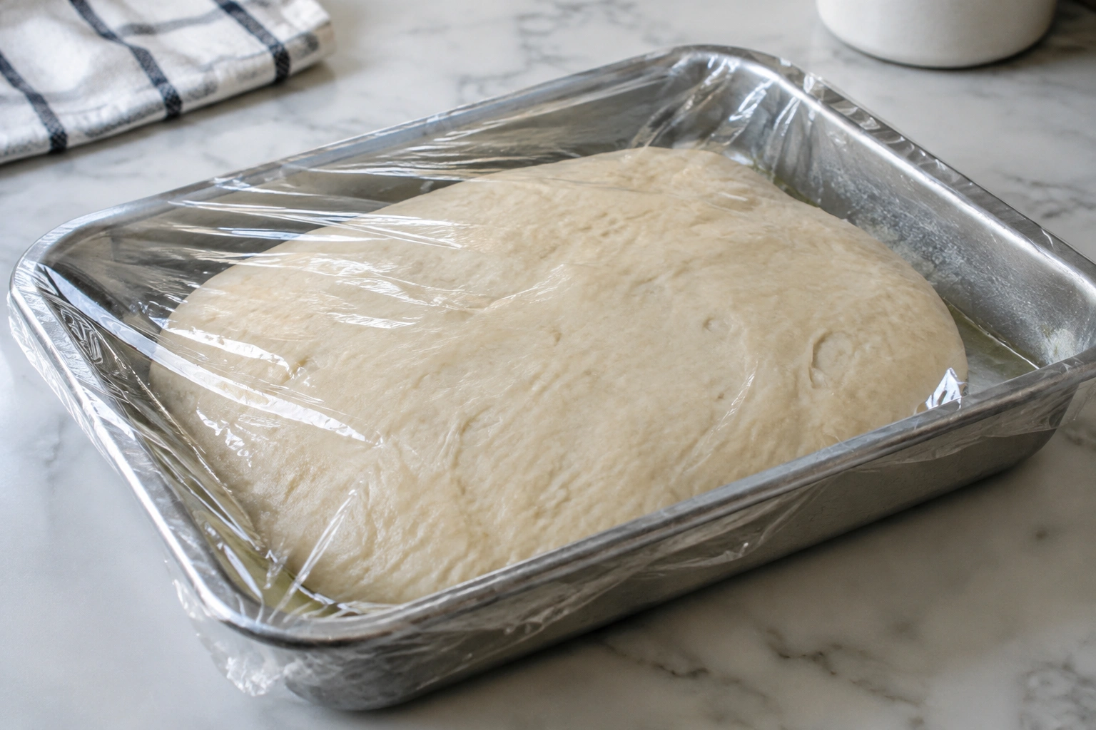 Bread dough thawing in a lightly greased pan under plastic wrap