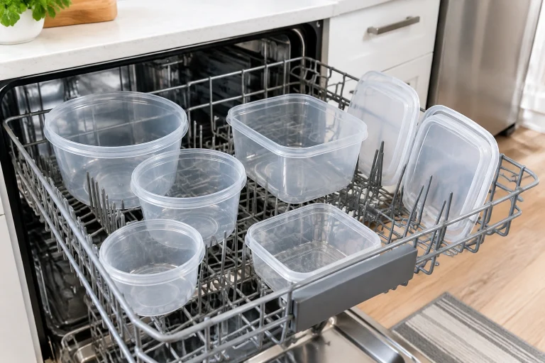Clear deli containers placed on the top rack of a dishwasher