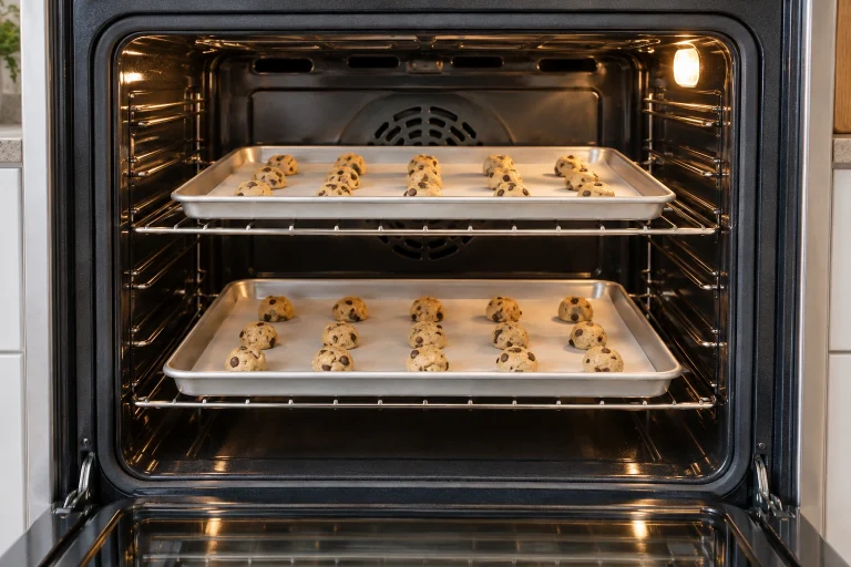 Two cookie sheets on upper and lower racks of a home oven with space between them for airflow