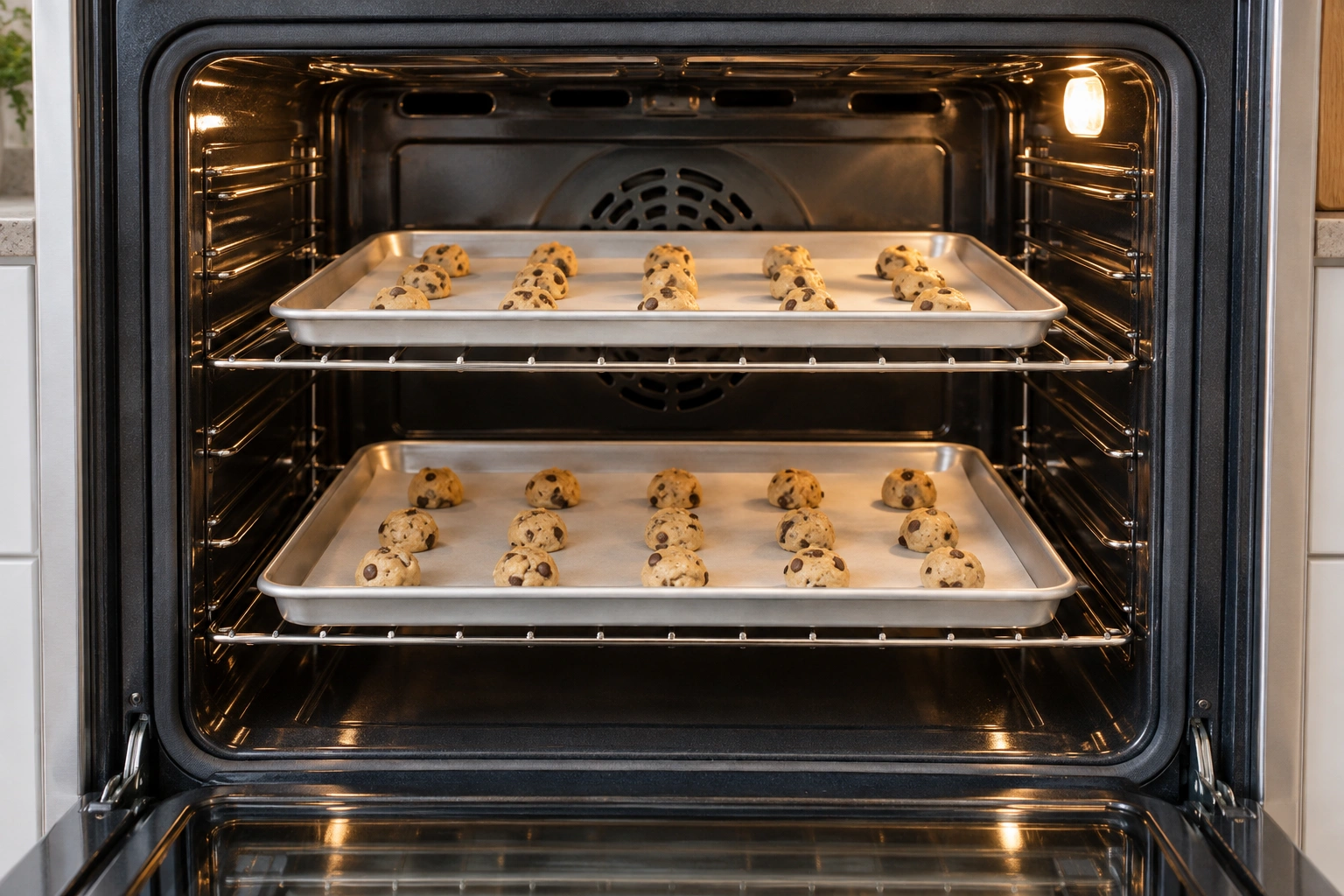 Two cookie sheets on upper and lower racks of a home oven with space between them for airflow