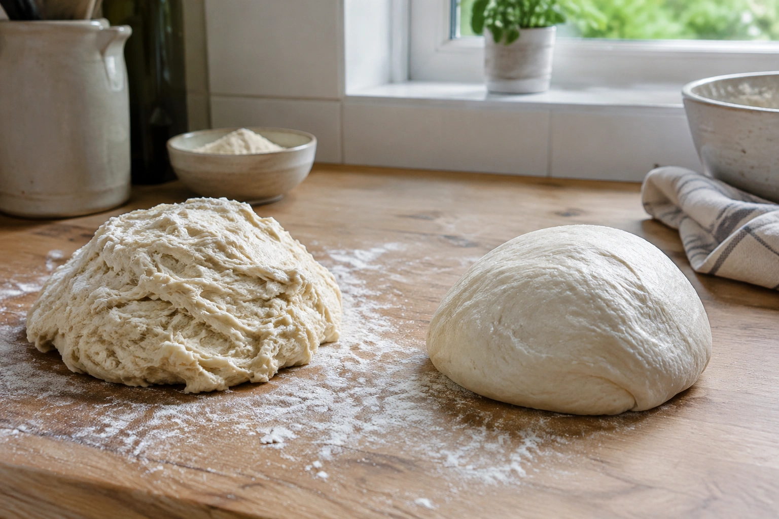 Close-up of bread dough on a work surface showing a loose, shaggy texture beside a smoother, more developed dough ball