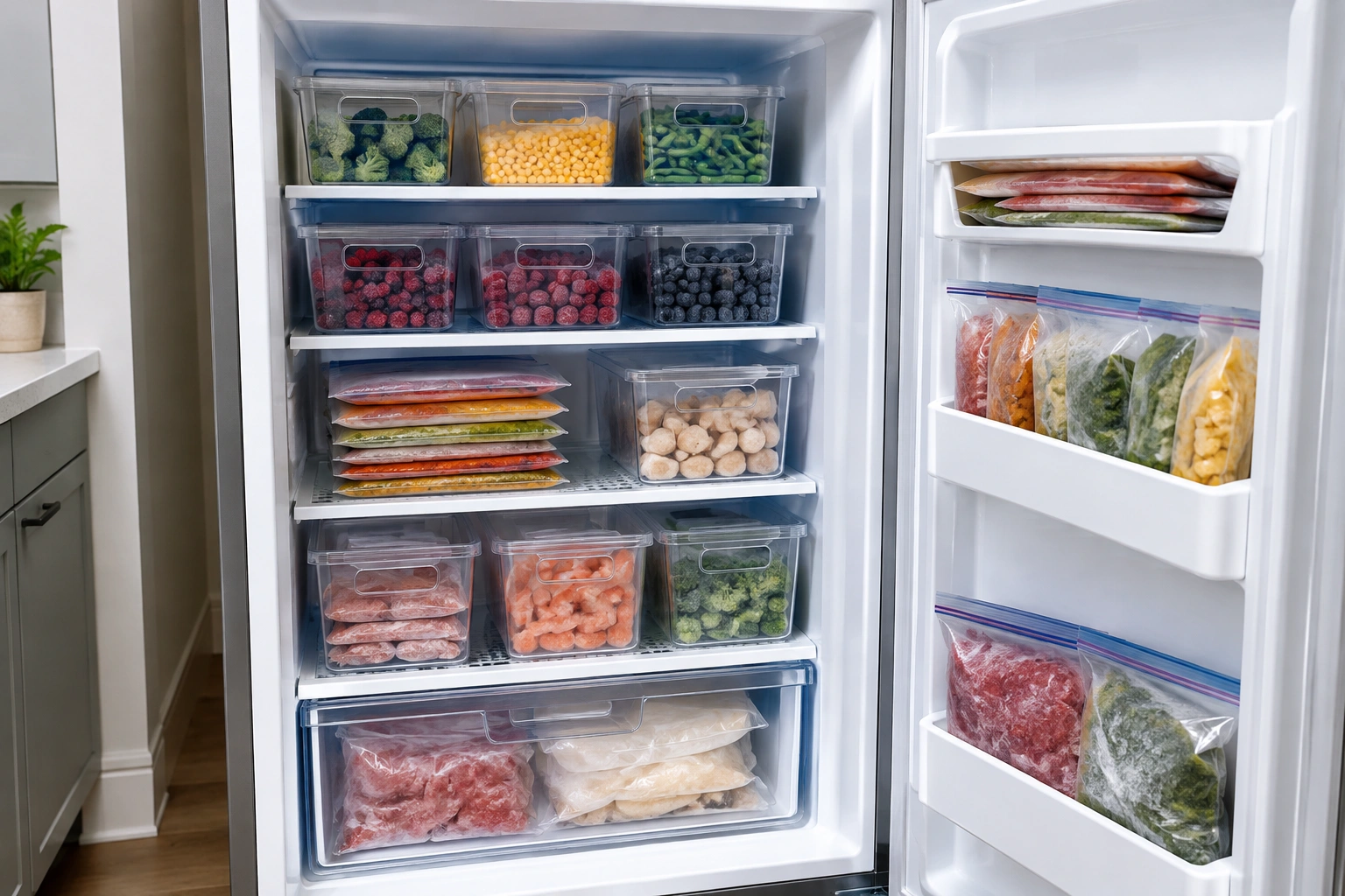 Neatly arranged upright freezer with labeled zones and freezer bins