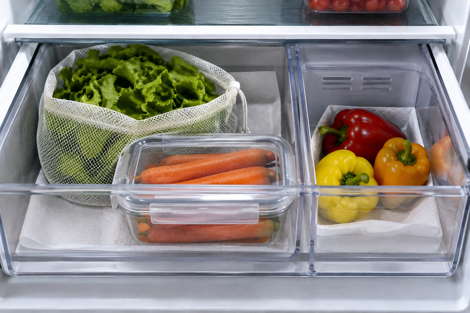 Organized refrigerator crisper drawer with leafy greens, carrots, and peppers stored in breathable containers and paper towels