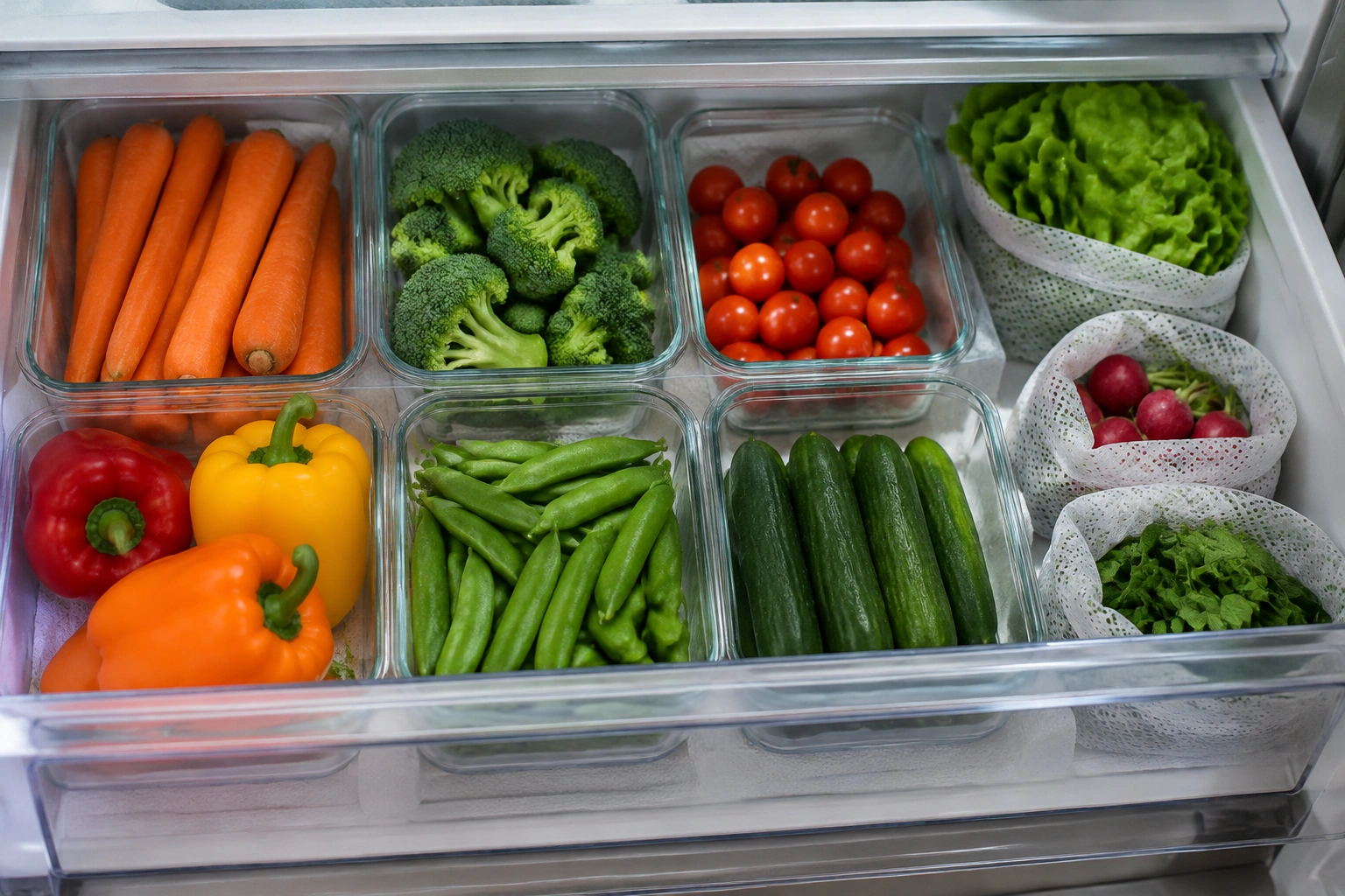 Organized refrigerator crisper drawer with vegetables stored in containers and bags