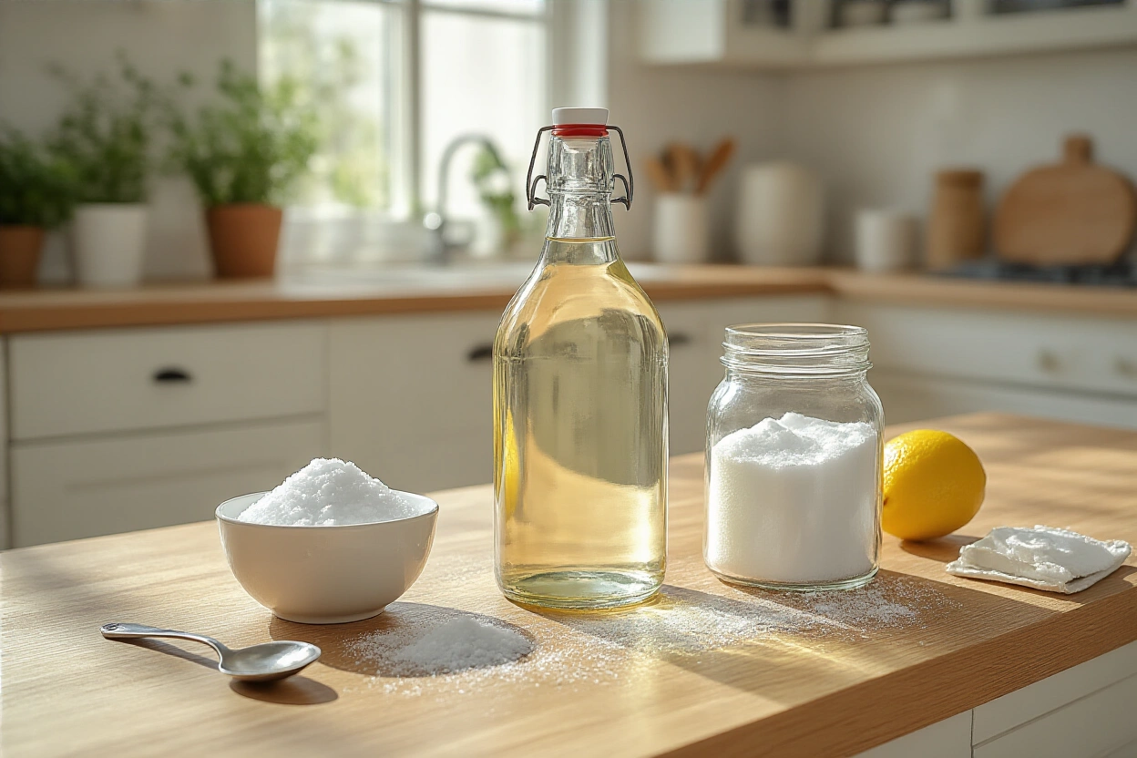 Vinegar bottle and baking soda in a small open bowl on a kitchen counter