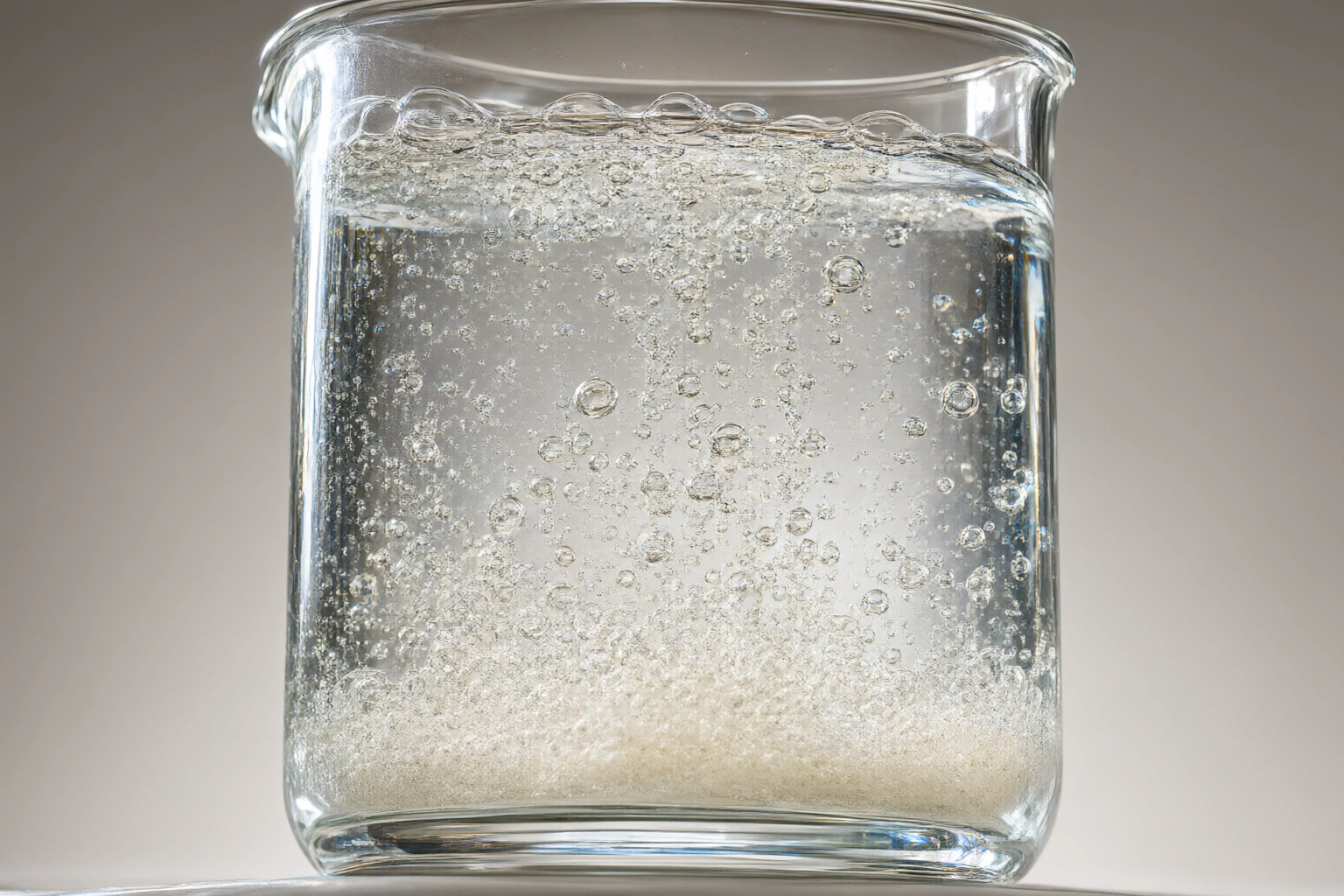 Close-up of bubbles rising in a clear liquid during a vinegar and baking soda reaction