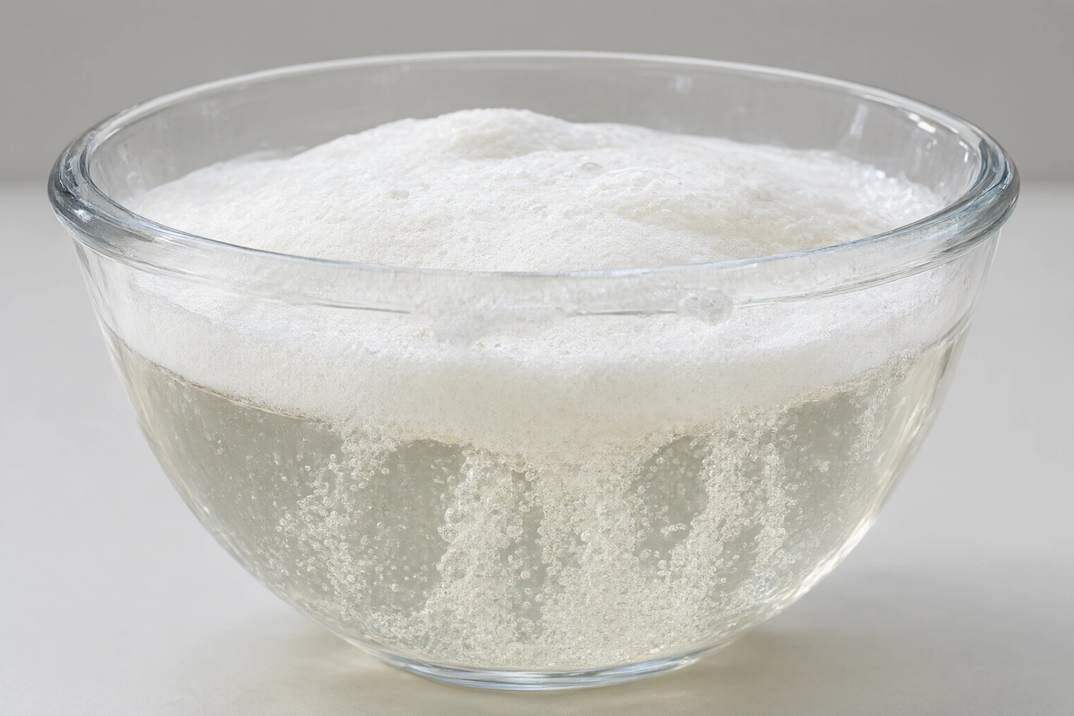 A glass bowl showing bubbling foam from vinegar and baking soda reaction