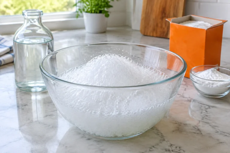 Open bowl with vinegar and baking soda fizzing and foaming during a simple science experiment.