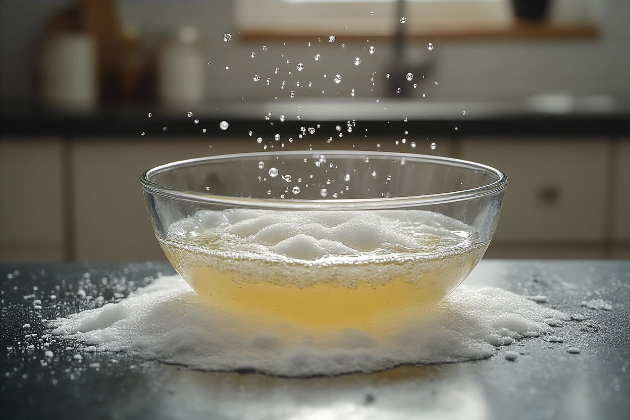 Open bowl with baking soda and vinegar fizzing gently
