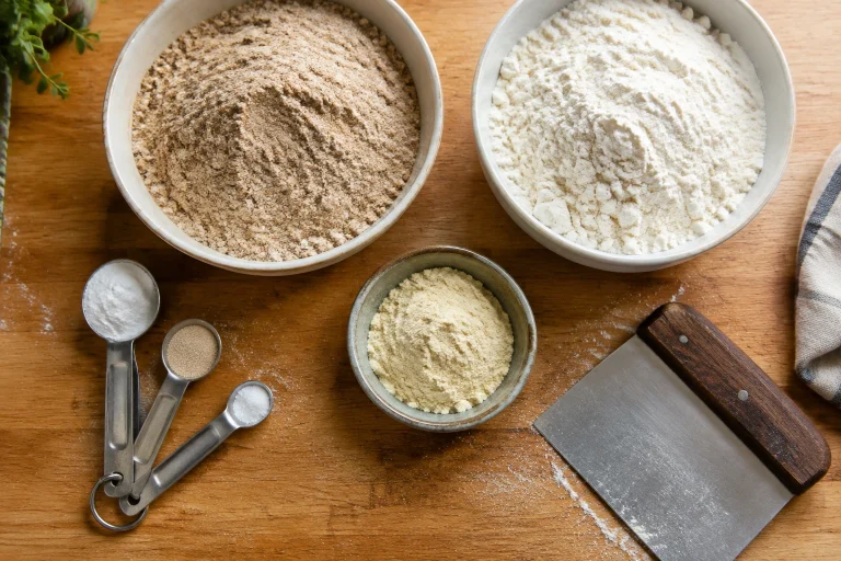 Measuring spoons and flour containers arranged for bread baking