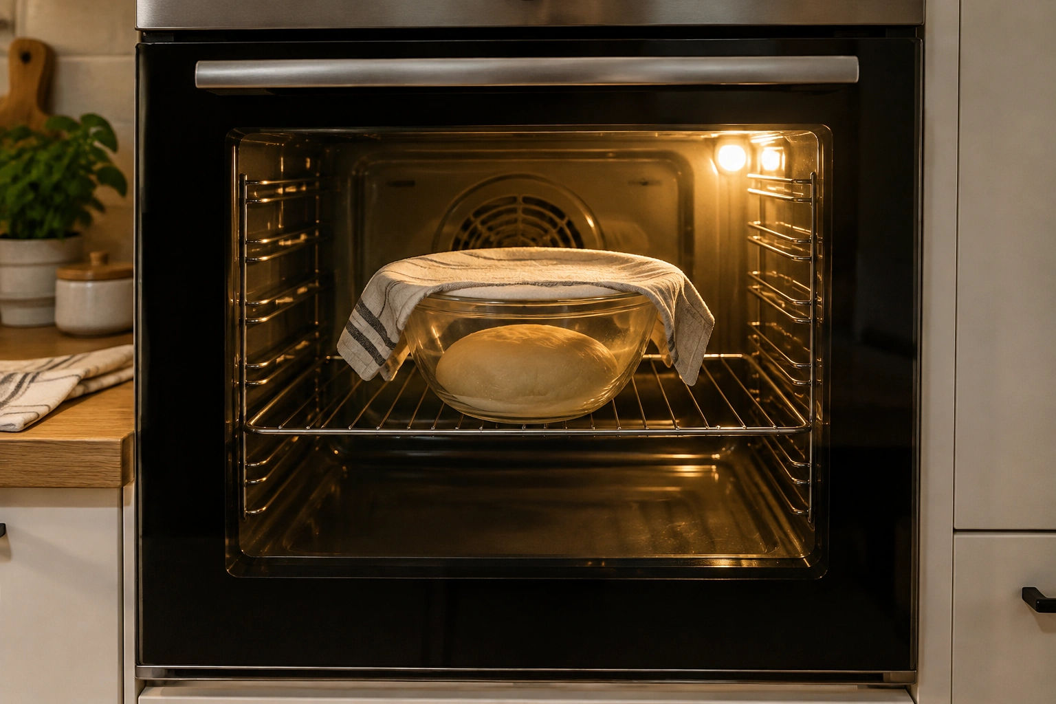 Bread dough proofing in a turned-off oven with the light on