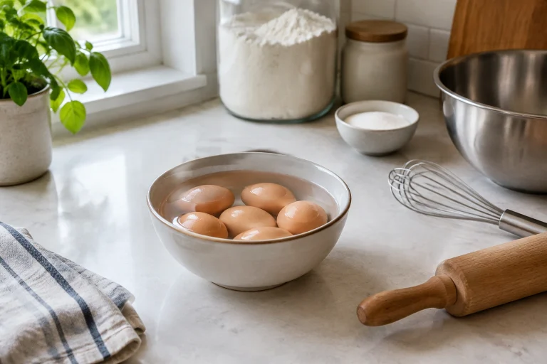 Bowl of eggs warming in warm water on a kitchen counter