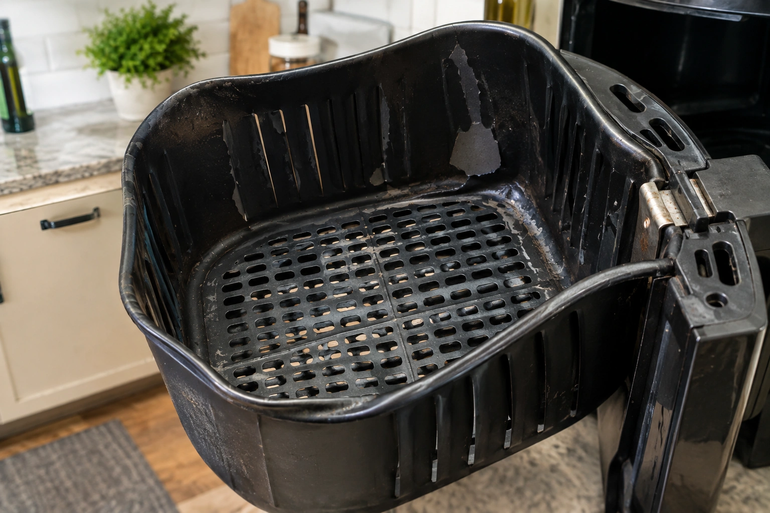 Close-up of a warped air fryer basket with peeling nonstick coating