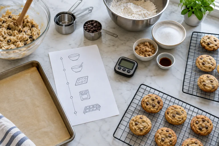 A baking timeline written on paper beside measuring tools and cooling racks