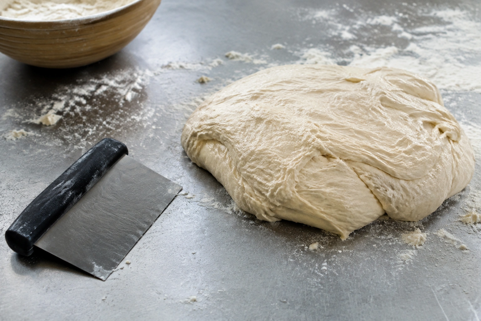 Bench scraper beside wet bread dough on a counter