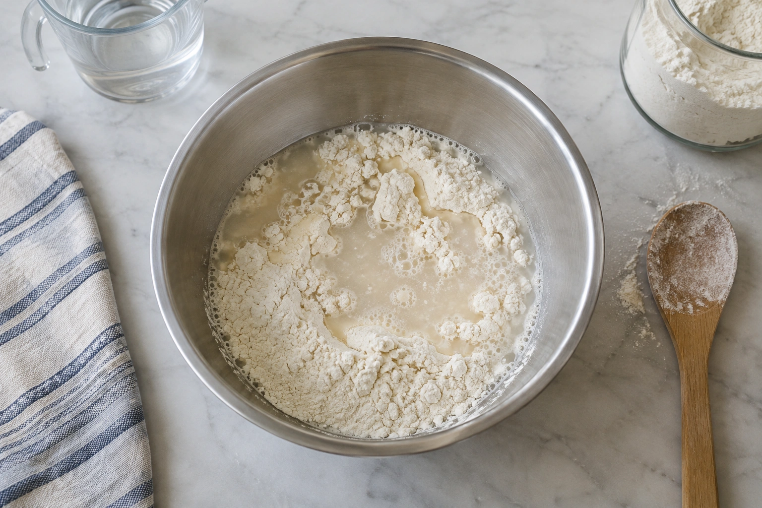 Bowl of flour and water resting for autolyse