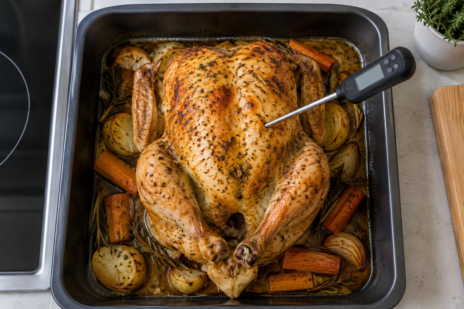 Whole chicken with meat thermometer placed in the thickest part of the breast