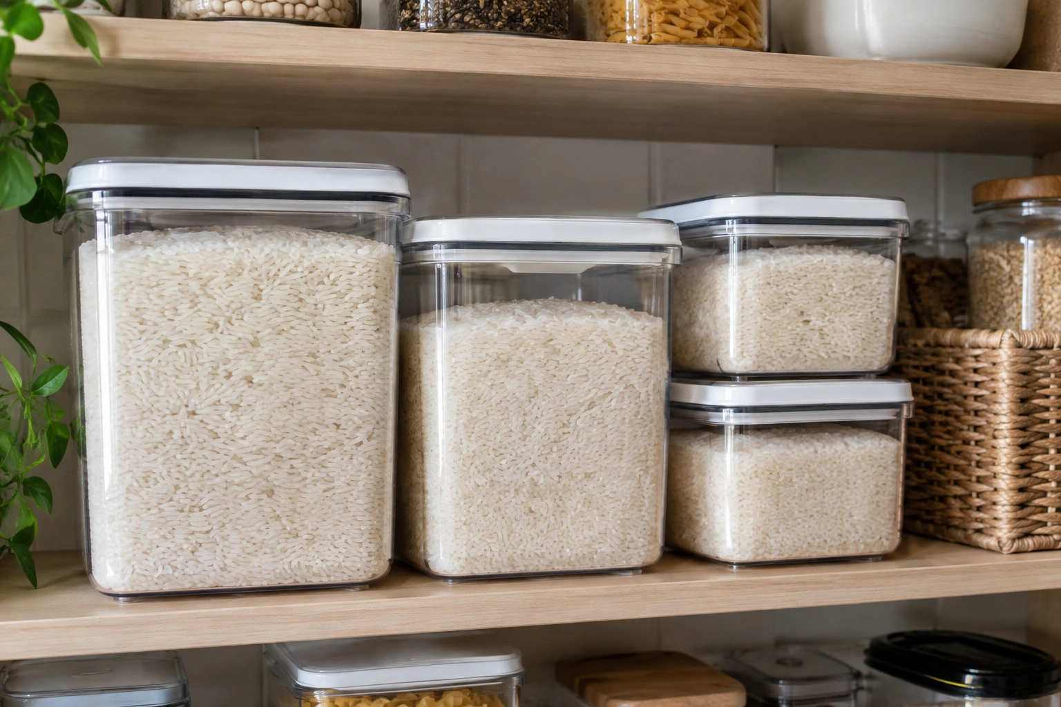 Airtight pantry containers of white rice on a shelf