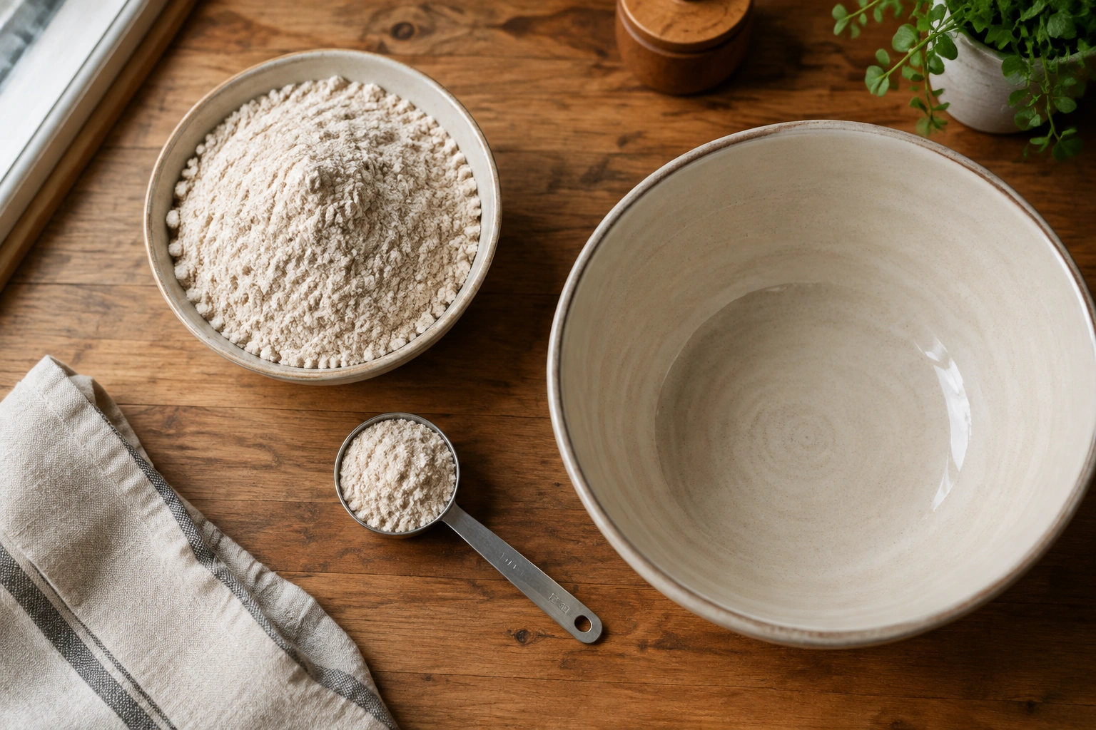 Baking tools and whole wheat flour on a wooden counter