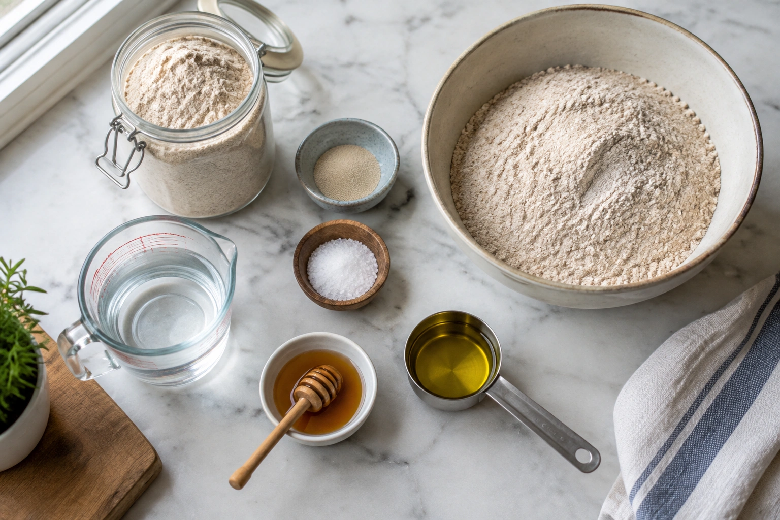 Assorted bread ingredients and tools on a kitchen counter