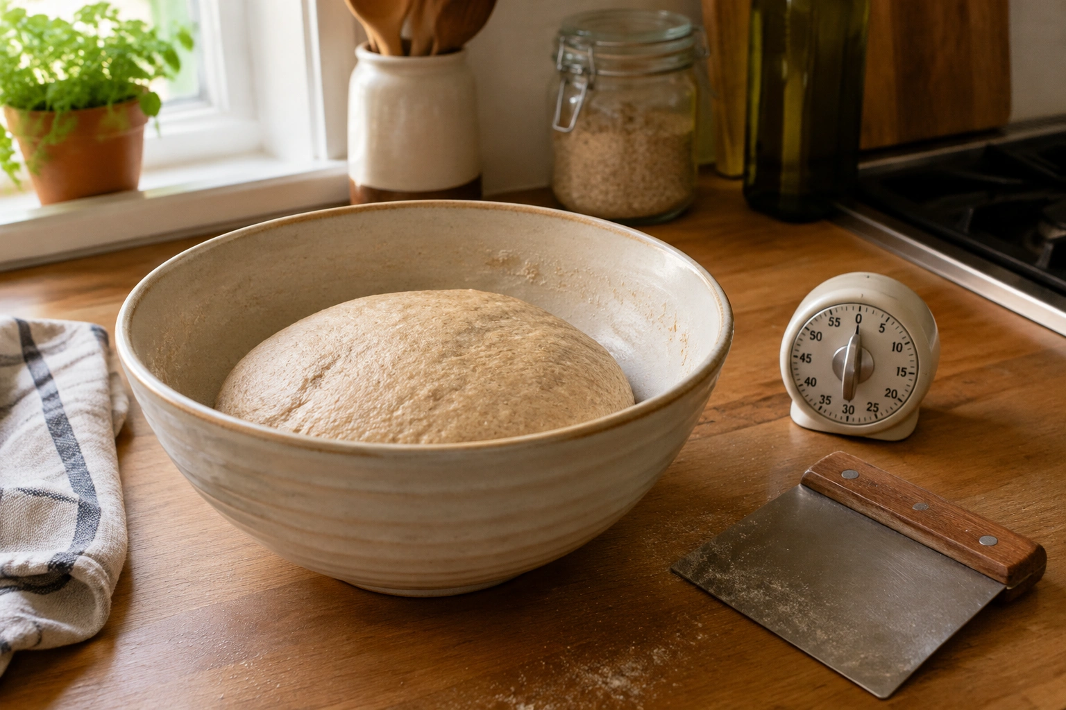 Bowl of whole wheat dough resting on a counter