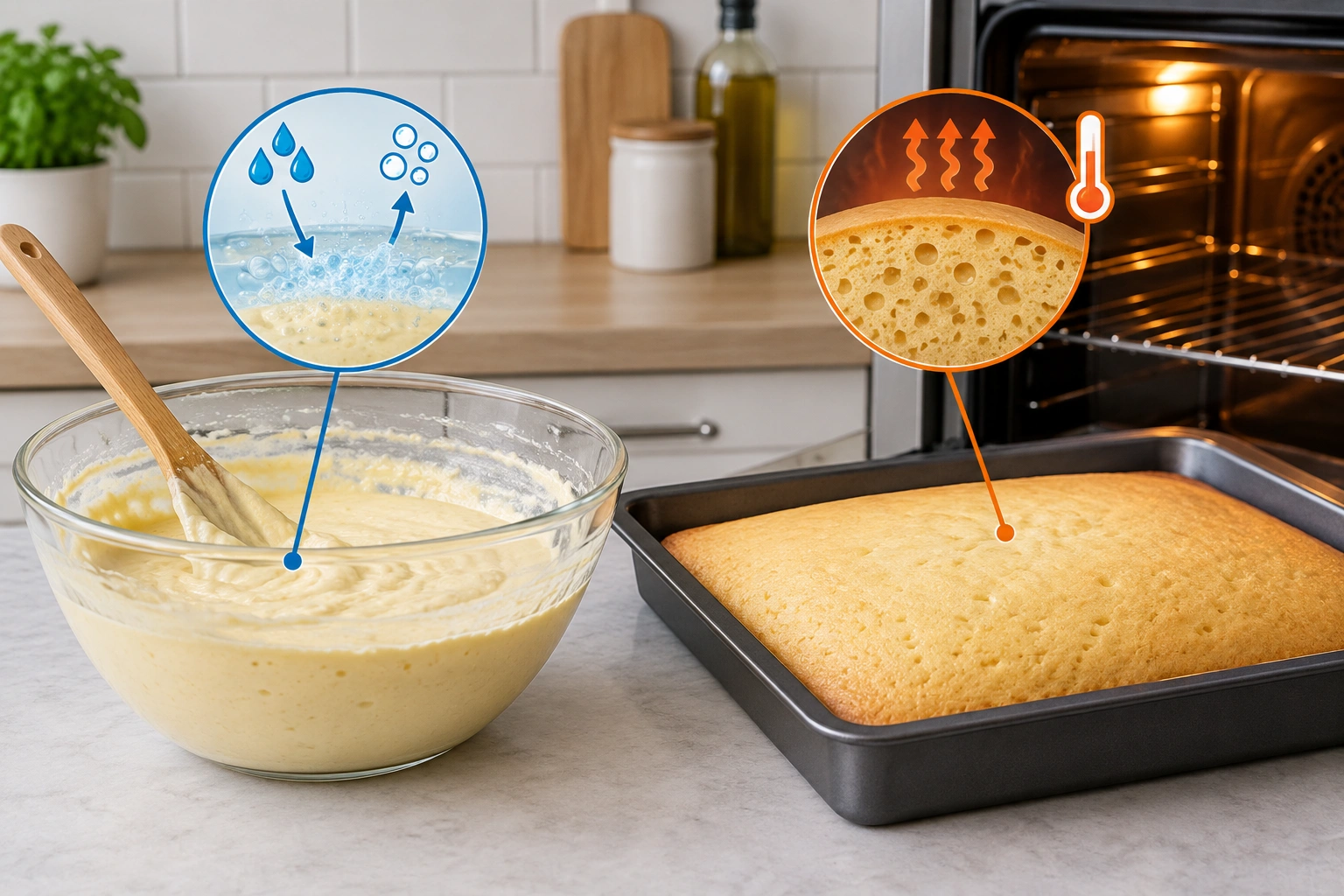 Diagram showing baking powder reacting with liquid first and heat second