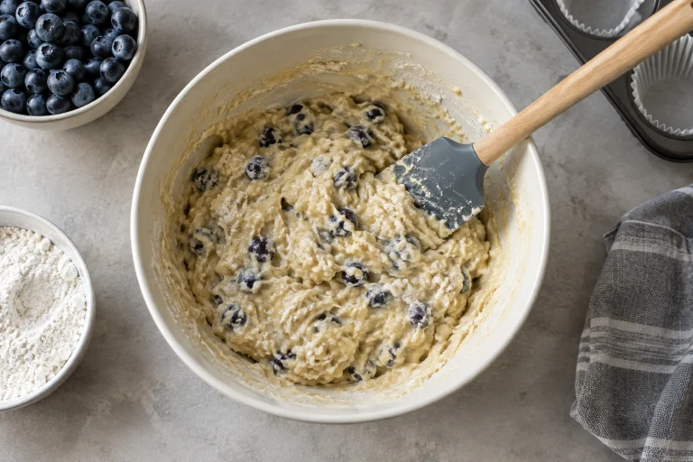 Bowl of lumpy muffin batter beside a spatula