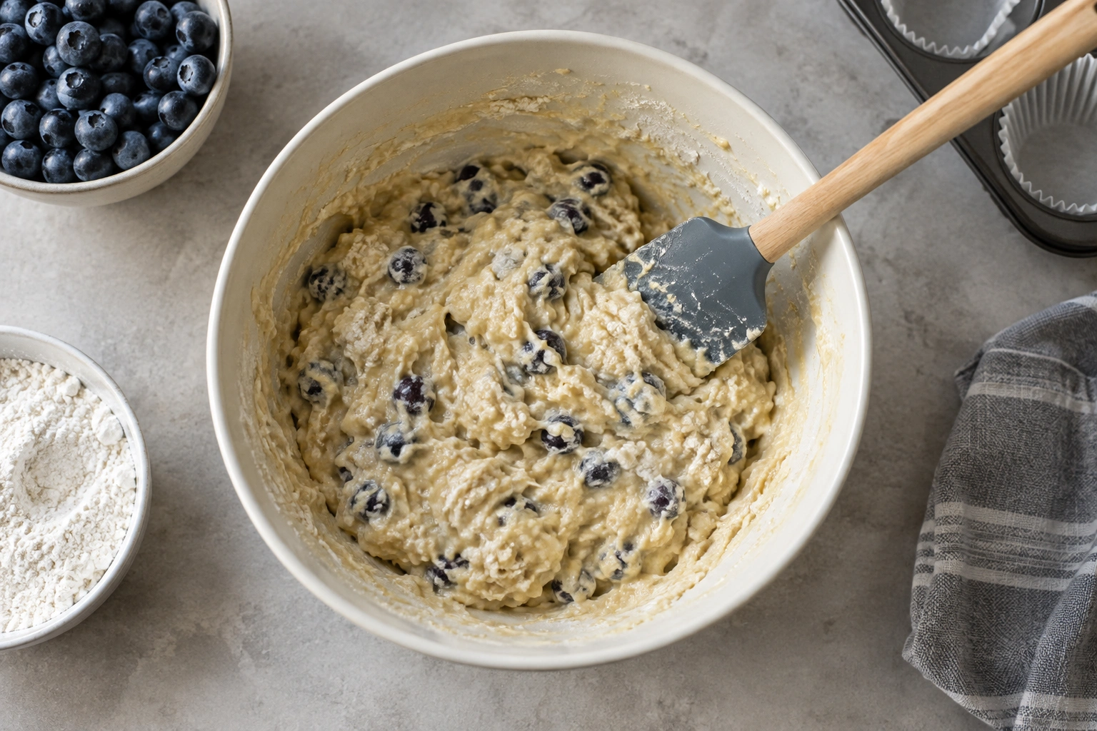 Bowl of lumpy muffin batter beside a spatula
