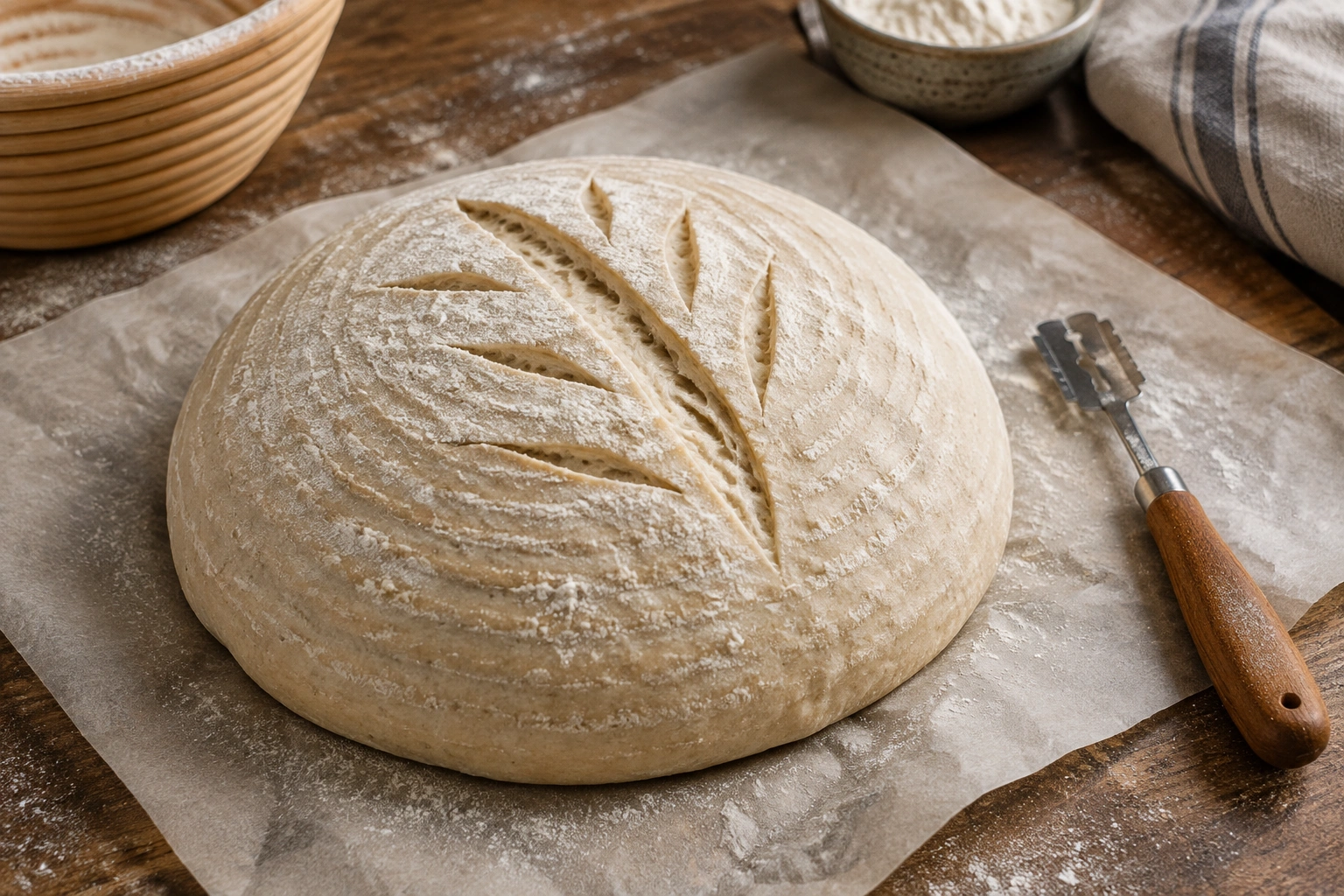 A bread lame beside a proofed round of dough on parchment