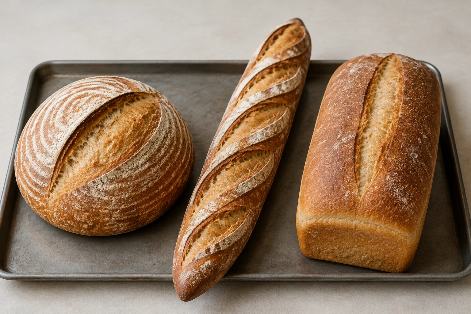 Three baked bread loaves with visible scoring patterns on a baking tray