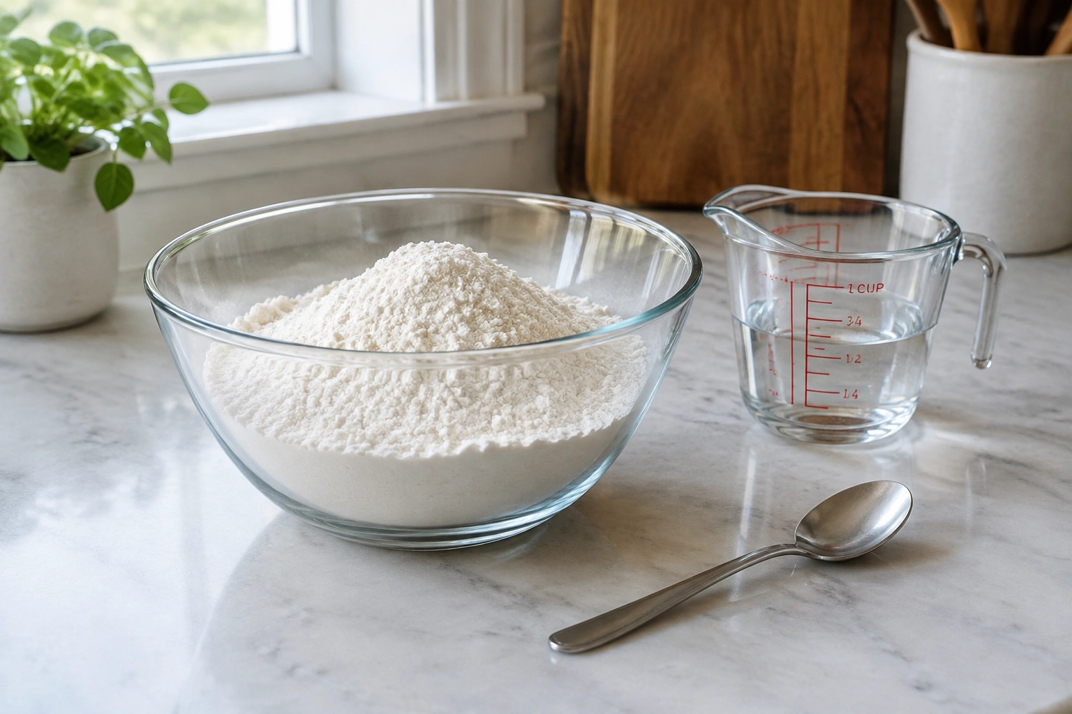 Bowl of all-purpose flour with a measuring cup and spoon on a countertop