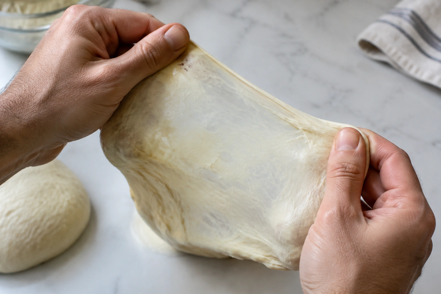 Small piece of bread dough stretched thin for a windowpane test