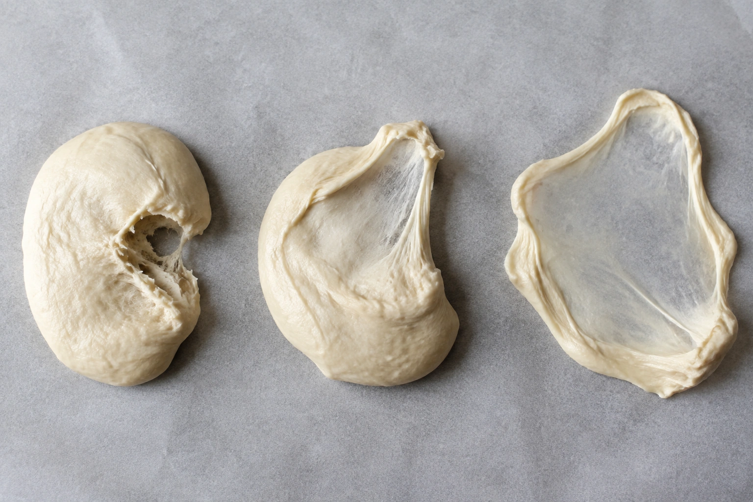 Three small dough samples showing weak, partial, and developed gluten stages