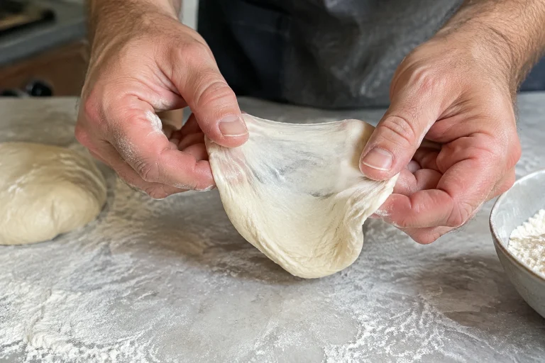 Hands gently stretching a small piece of bread dough to test gluten development over a countertop, no visible face